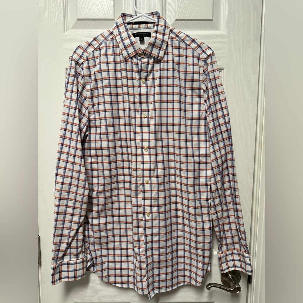 Banana Republic Grant Fit Blue and Orange Plaid Shirt